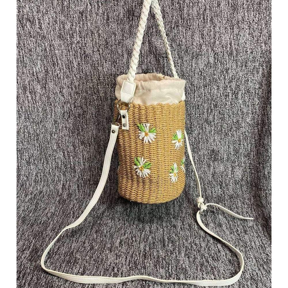 Rachel Ashwell Shabby Chic Woven Straw Bucket Bag Embroidered Daisy Crossbody